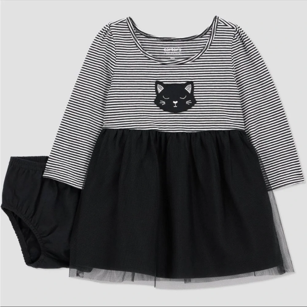 🖤 NWT Striped Cat Dress w/ Tulle Skirt & Diaper Cover - Carter’s - 6M 🖤